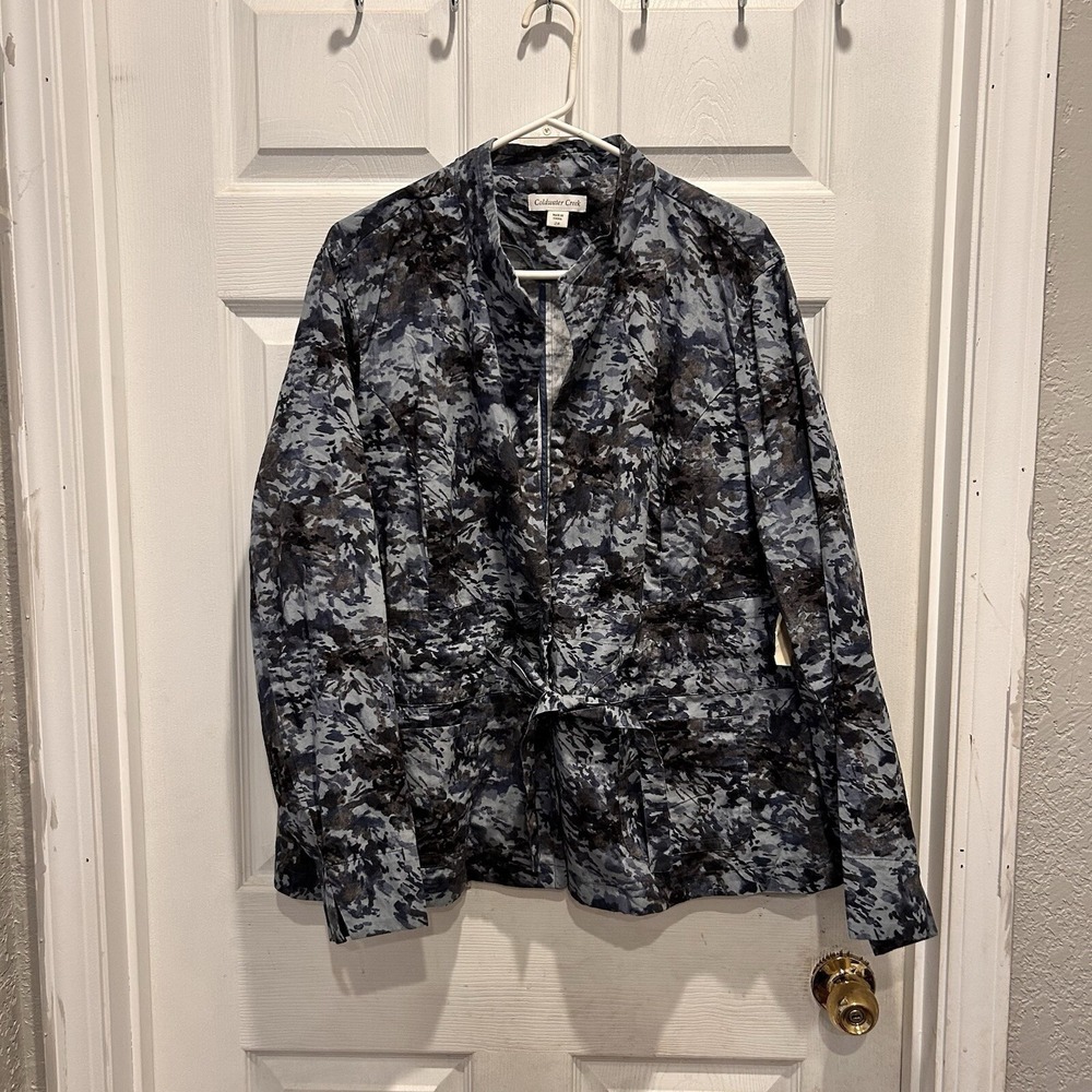 Coldwater Creek Womens Blue Abstract Camo Tie Waist Cotton Utility Jacket Sz 24